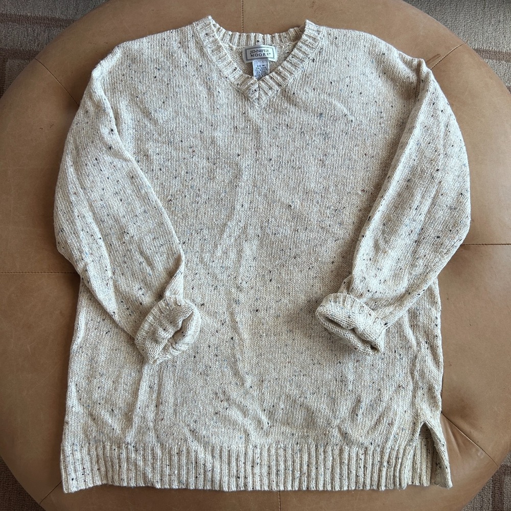 Vintage Wool Mohair Ramie Sweater Womens M Oatmeal Donegal Fleck V Neck Grandpa